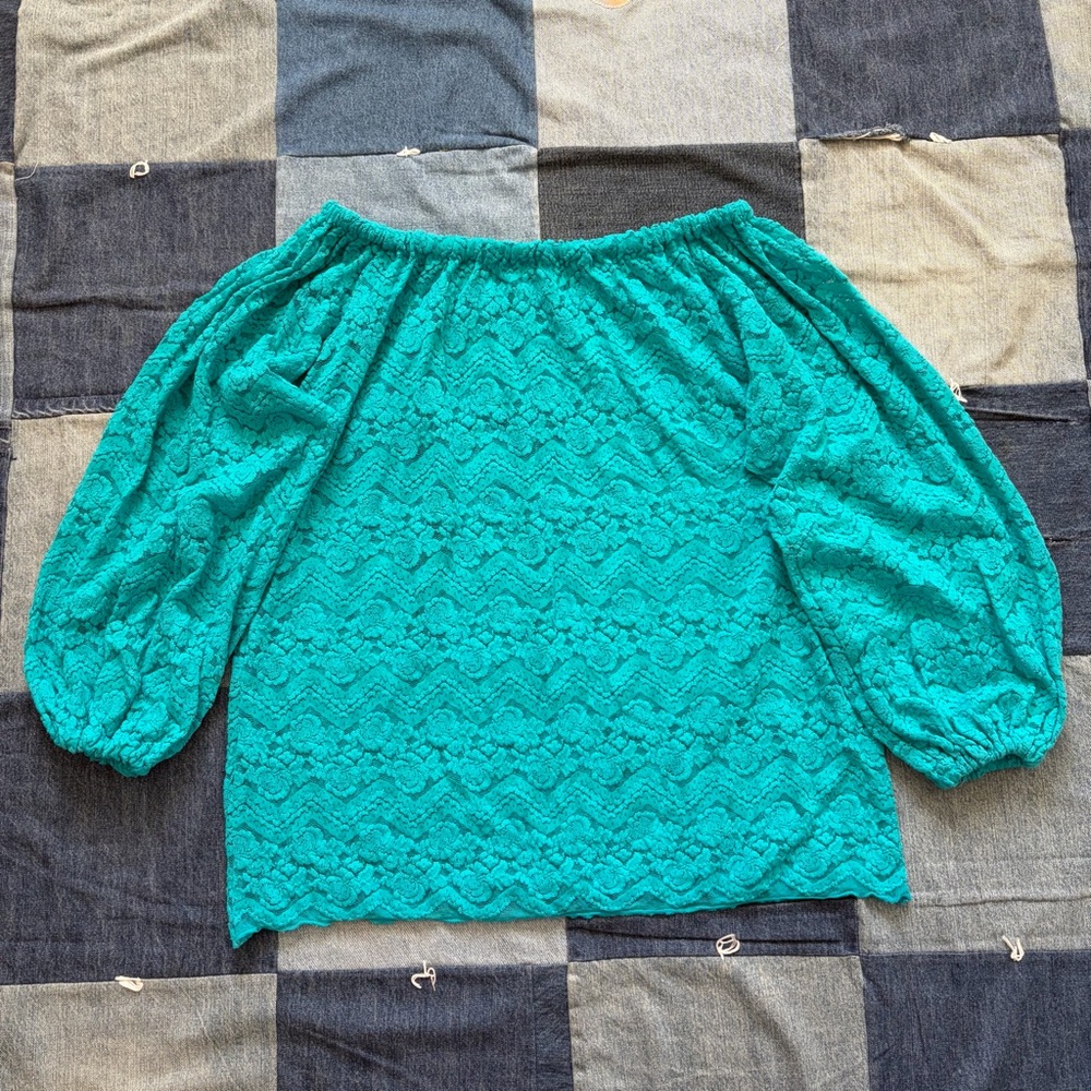 VTG Lace boho teal off the shoulder puff sleeve peasant top fits XS